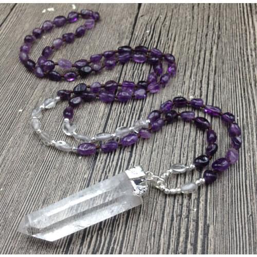YA3024 Rough Quartz Pendant Amethysts Nuggets Beads Knot Necklace