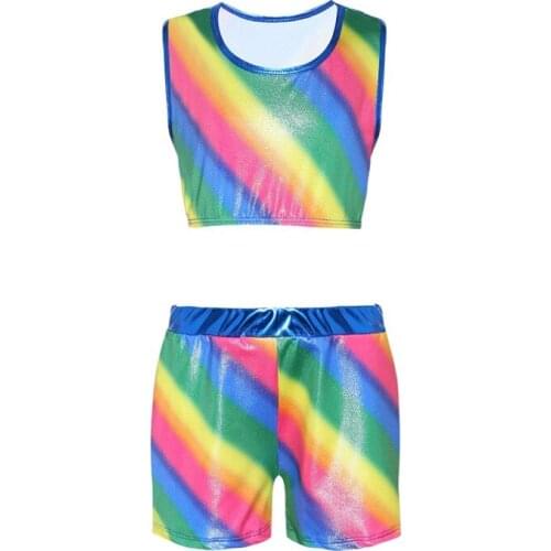 Rainbow Color Split Gymnastics Suit Girls Ballet Dance Practice Crop Top Clothes Dance Pants Suit Bodysuit Dancewear