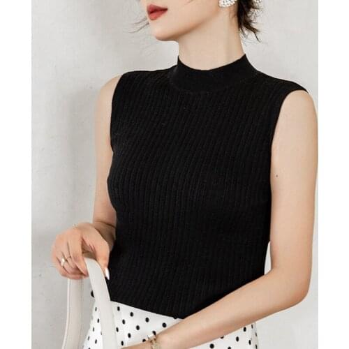 Women Wool Plain Knitted Tank Tops Female Solid Sleeveless Tees Half high colla Slim Crop Top Female Casual Crop Tops For Women
