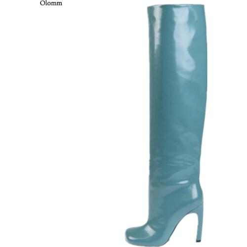 Olomm New Fashion Women Winter Knee Boots Stiletto Heel Square Toe Gold Silver Purple Blue Cosplay Shoes Women US Size 5-9.5