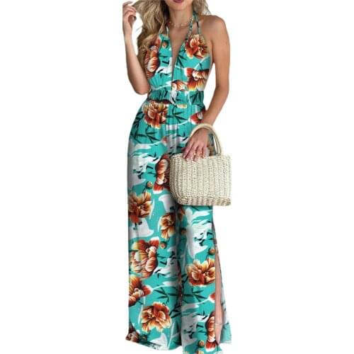 2021 Women Floral Print Romper Sleeveless Deep V-neck Backless Lace-up Jumpsuit Halter Summer Holiday Split Long Pants Jumpsuits