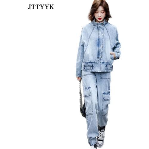2021 Casual Jeans Suit Women Denim Two Pieces Set Long Sleeve Jeans Top&Long Pants Tracksuit Outfits High Qualit Plus Size Set