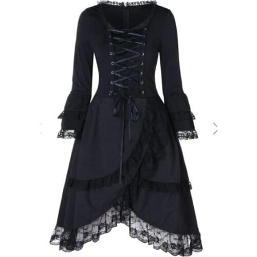Gothic Dark Dress Women 2019 New O-Neck Long Sleeve Lace Patchwork Lacing Dress Autumn Winter Black Retro Party Dress Female XXL