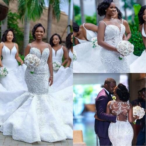 African Mermaid Wedding Dresses Plus Size 2021 robe de mariee Black Girl Women Lace Wedding Gowns Handmade Bride Dress