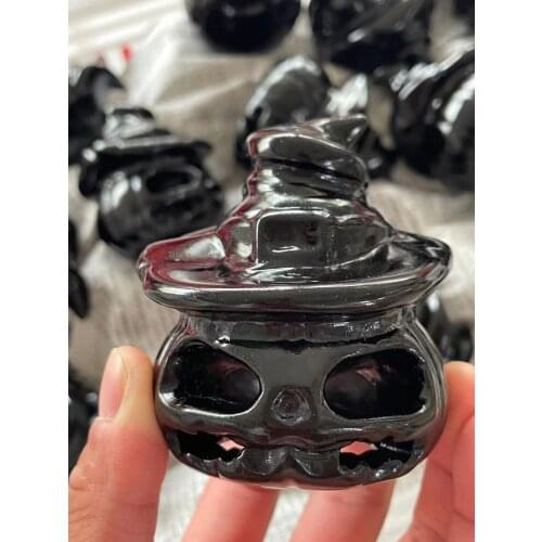 1pcs Natural Obsidian Carved Witch Hollow Out Pumpkin Figurine Healing Crystal Home Decor Fengshui Luck Halloween Gift