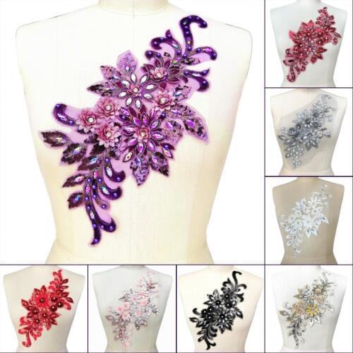 10 color 19x38cm 3D Lace Floral Beaded Rhinestones Crystals Appliques Patches For Sewing diy Wedding Dress Accessories Designers