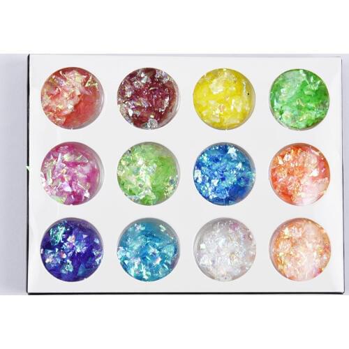 12bottles/Set Irregular Shell Cellophane Paper Sequins Glitter Powder Holographic Shining Colorful Sticker Nail Art Decorations