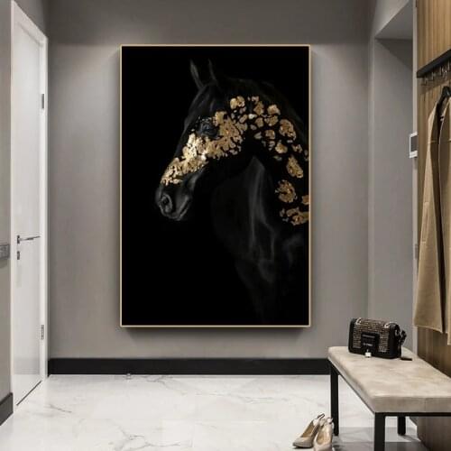Abstract Animal Black and Gold Horse Canvas Painting for living room Light luxury Animal Print Oil Painting Poster Room Decor