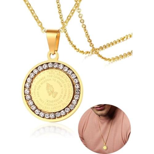 Mens Womens Bible Verse Prayer CZ Stone Necklace Gold Silver Color Stainless Steel Praying Hands Coin Medal Christian Jewelry