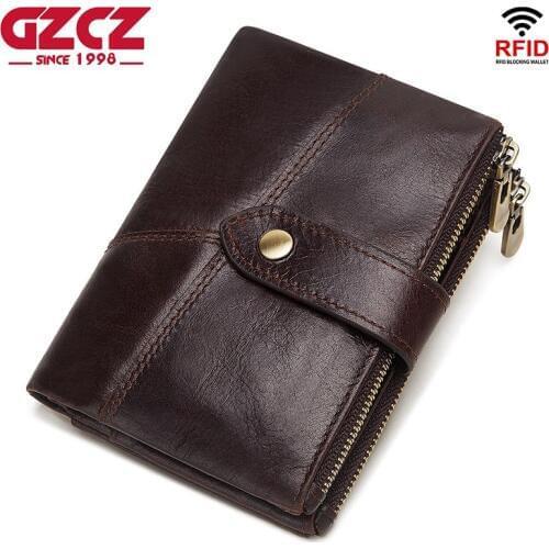 100% Genuine Leather Rfid Wallet Men Wallets Coin Purse Short Male Money Bag Mini Double Zipper Wallet card hold High Quality