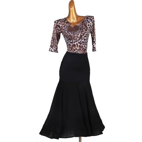 Modern Ballroom Dance Practice Suit Leopard Tops Black Skirt Latin Dance Competition Dress For Women Waltz Dance Clothes DQL3979