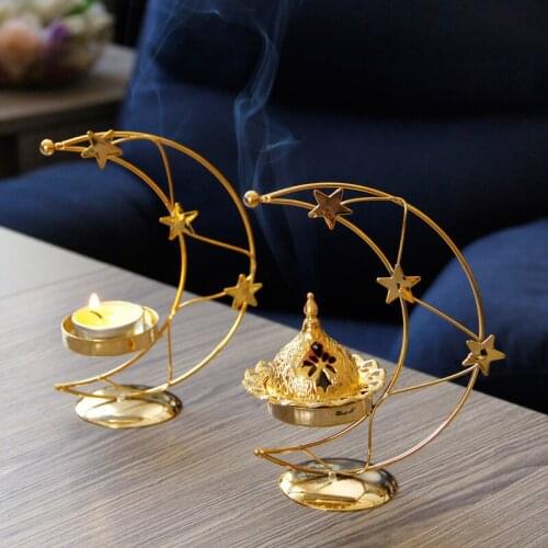 Arab Gold Metal Star and Moon Shape Incense Burner Candle Holder Dual-use Simple Incense Burner Home Furnishings Crafts