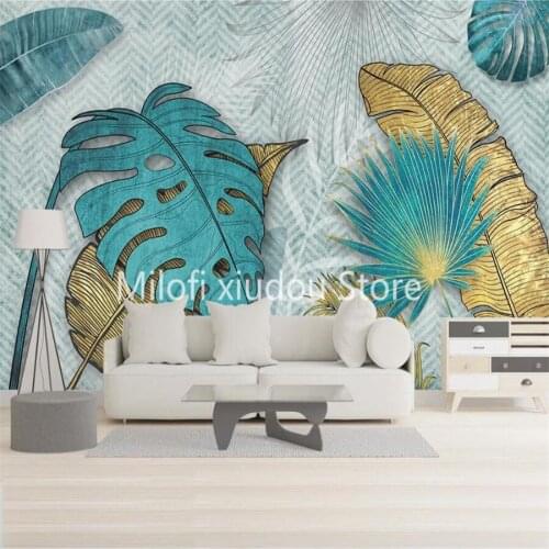 Milofi custom 3d wallpaper mural Nordic line golden tropical leaves living room background wall decoration painting wallpaper
