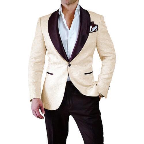 Beige/Black Mens Dress Suits 2 piece Slim Fit Jacquard Shawl Lapel Tuxedos Casual Groomsmen Men Suits for Wedding (Blazer+Pant)