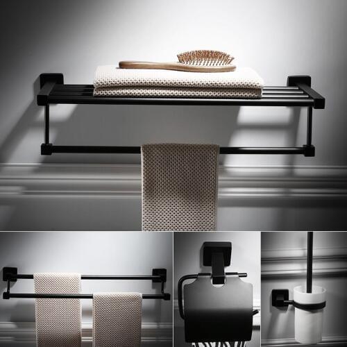 TT Black Stainless Steel Bathroom Accessories Set Shower Shelf Towel Bar Paper Holder Toothbrush Holder Bathroom HardwareSuit