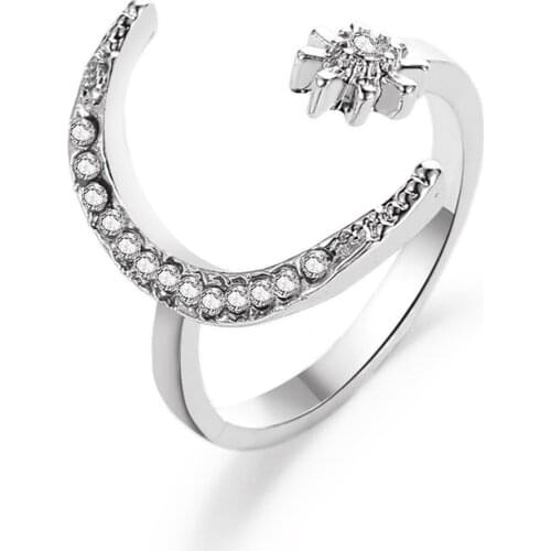 New Stars Moon Crystal Ring Ethnic Stars Moon Index Finger Open Rings For Women Anel Jewelry Rose Gold Silver Color Fashion Ring
