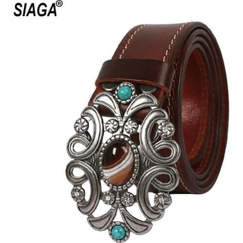New Personalized Design Mongolian National Style Solid Cowhide Leather Belts Agate Stone Buckle Belt for Women & Men SA029