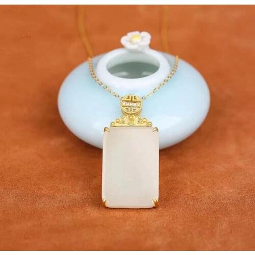 Original and new ancient gold craftsmanship inlaid rectangular Hetian jade pendant necklace elegant and generous ladies jewelry
