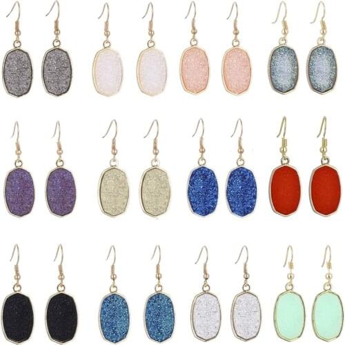 Oval Hexagon Resin Druzy Drusy Dangle Earrings Gold Plated Brand Jewelry for Women Gift