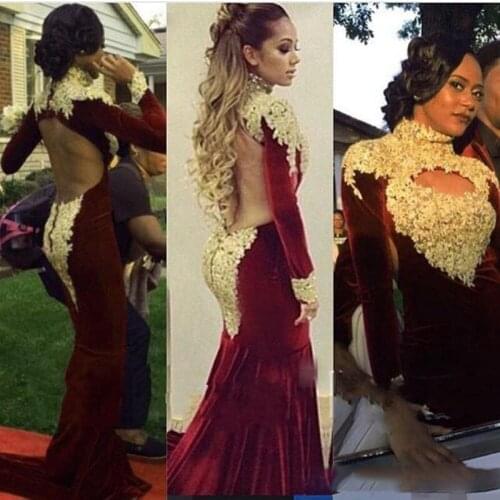 High Neck Mermaid Long Sleeve Prom Dresses 2019 velvet Gold Applique Backless Burgundy Gorgeous arabic dubai occasion formal eve