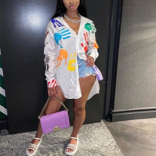 Funny Printed Long Sleeve Button Up Shirt Dress Chic Mini Dress