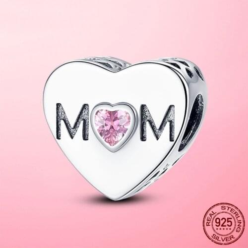 Mother Gift 925 Sterling Silver Pink Mom Heart Charm Beads fit Original Women Pandora Bracelet Bangle DIY Silver 925 Jewelry