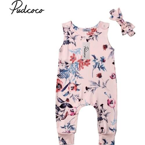Pudcoco US Stock Fashion Toddler Girl Clothes Hot Floral Romper Sleeveless Jumpsuit Outfits Clothes Headband Set