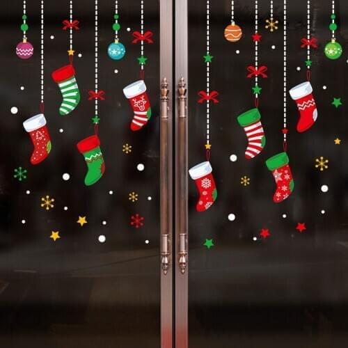 Christmas Decoration Wall Stickers Santa Claus Sock Snowflakes Wall Decal Mural New Year Christmas Decoration window stickers