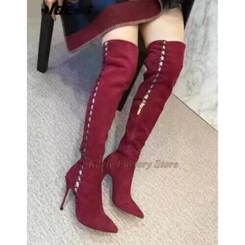 Red Suede Leather Luxury Over The Knee Lace Up Long Boots High Heel Shoes Women Gladiator Fashion Thigh High Boot Plus Size