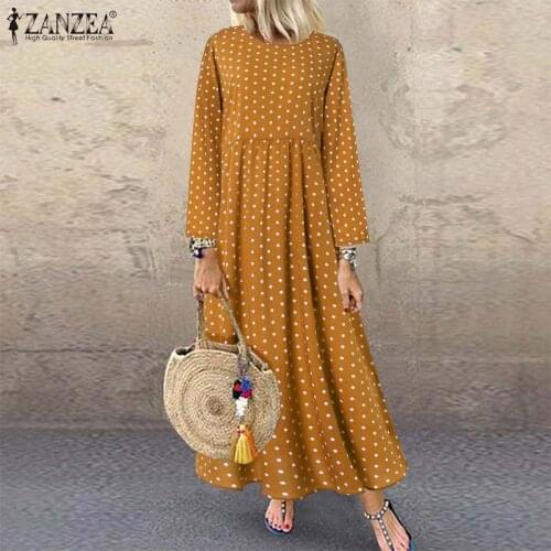 Vintage Polka Dot Printed Long Dress ZANZEA Women Sundress Robe Femme Autumn Long Sleeve Kaftan Vestido Plus Size Party Dresses