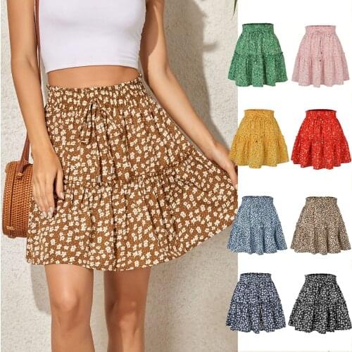 Women Small Floral Leopard Print A-Line Short Skirts Summer Casual Lady High Waist Ruffle Swing Homewear Skirt WDC8045