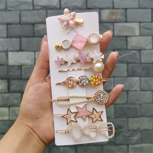 South Korea Autumn Winter Aureate Department 5 Pieces Set Rhinestone Pearl Hairpin Feather One Word Clip