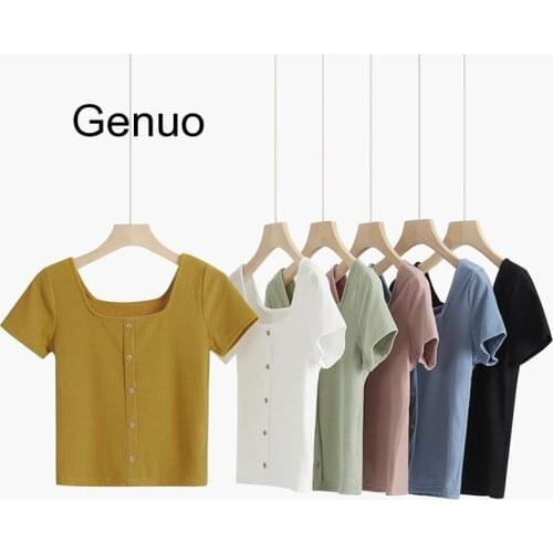 Women 2020 Summer Buttoned T-shirt Casual Knitted Sexy Skinny T Shirt Short Sleeve Button Tee Shirt Female Solid Tops