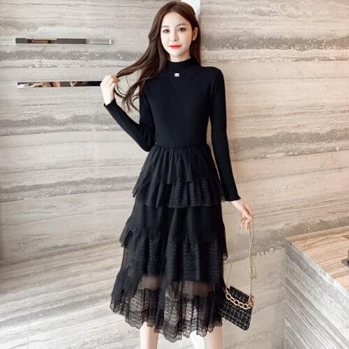 Female Clothing 2021 New French Retro Mid-Calf Slim Mesh Lace Stitching Long-sleeve Sweater Knitted Dress Robe Femme Clothes