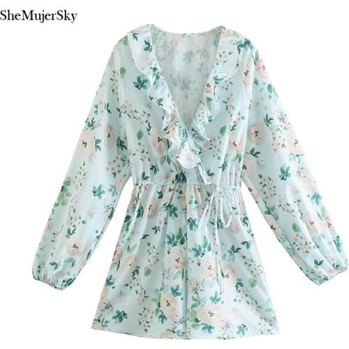 SheMujerSky Women Ruffles V-neck Blue Playsuits 2021 Puff Sleeve Drawstring Bandage Waist Rompers Floral Print Jumpsuits