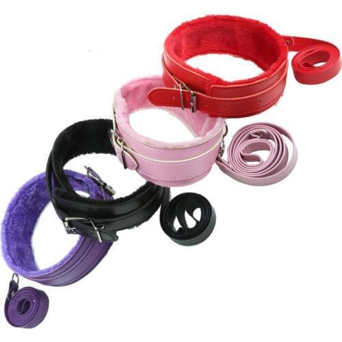 BDSM Sex Toys PU Leather Plush Neck Collar with Chain Leash for Woman Restraint Fetish Dog Slave Erotic kit Flirting Couples