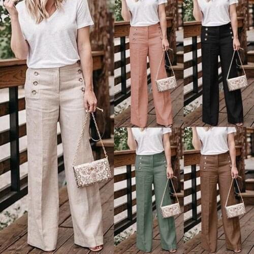 Pants Women Wide Leg Pants Solid Color Buttons High Waist Wide Leg Pants Women Cotton Linen Long Trousers Loose Pants All-match