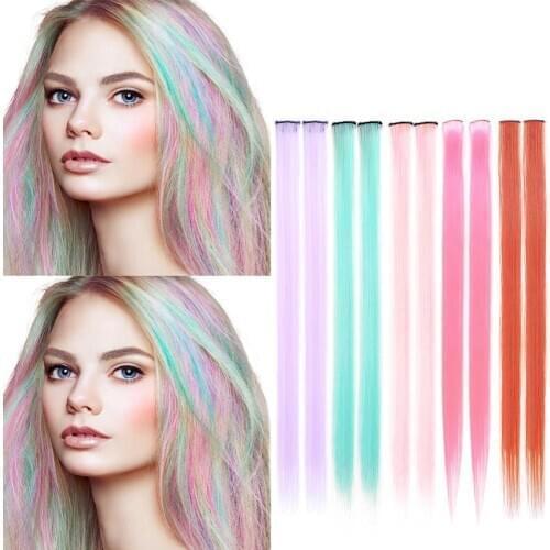 ONYX Long 20" Straight Color Hair Piece 13Colors/Pack Hair Clip Rainbow Hair Streak Pink Synthetic Hair Strands on Clips