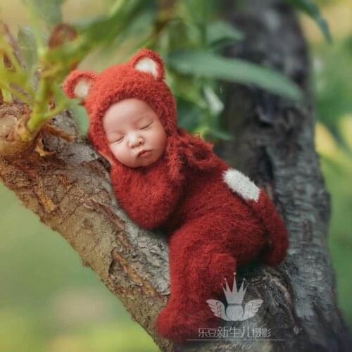 Fuzzy Fox Hooded Overalls Newborn Fox Outfit Crochet Soft Silk Baby Animal Footed Romper Photography props