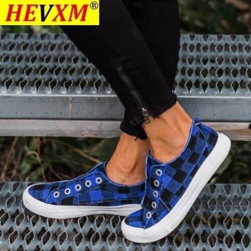 HEVXM Womens Vulcanized Shoes Women Sneakers Casual Comfort Flats Plaid Woman Fashion Slip On Flat Platform Ladies Footware
