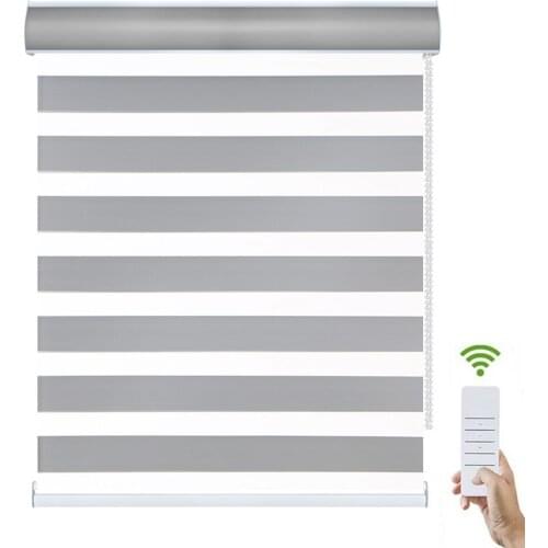 Motorized Electric Auto Zebra Roller Blinds Shades Free-Stop Cordless Rechargeable Dual Layer Sheer with Cassette Valance Shade