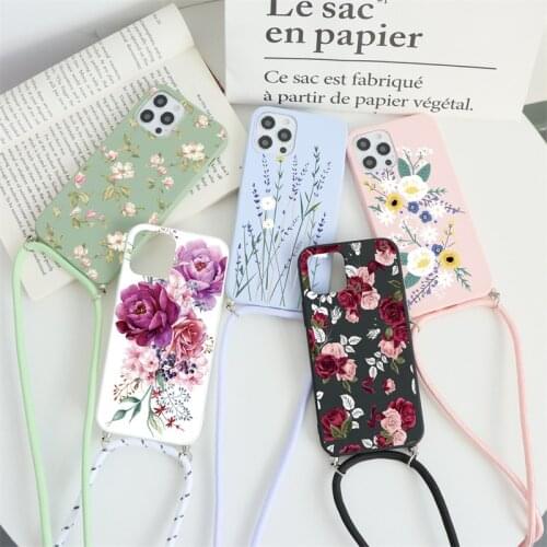 Soft Case For Samsung A52 A50 A32 A72 A51 A70 A71 A20e A21s A12 A40 A31 S21 S20 S9 S10 Plus Necklace Lanyard Rope Flower Cover