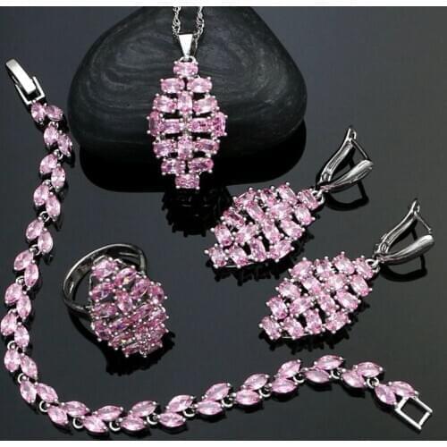 925 Sterling Silver Jewelry Sets For Women Wedding Accessories Pink Cubic zirconia Earrings/Pendant/Necklace/Ring/Bracelet Set