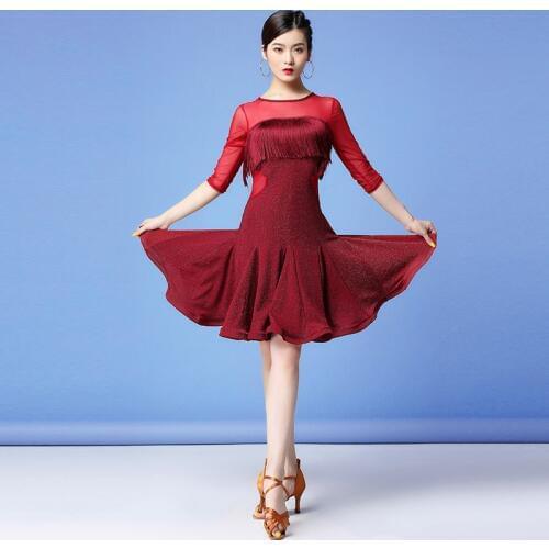 New Women Dance Clothes Salsa Samba Wear Front Fringes Half Sleeves Spandex Mesh One-piece Latin Dresses