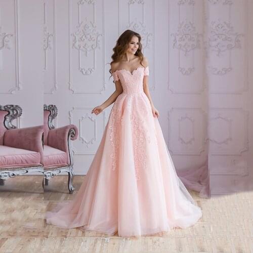 New Arrival Princess Pink Lace Evening Dress Long Sweetheart Off Shoulder Short Sleeves Wedding Guest Dresses Appliqued