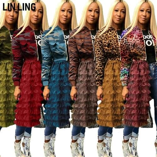 LINLING Fall 2020 Women Spring and Autumn Womens Camouflage Fashion Printing Zipper Mesh Stitching Jacket