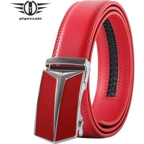Plyesxale Red Men Belt Cow Genuine Leather Mens Automatic Buckle Belt For Jeans Luxury High Quality Male Ratchet Belts B109