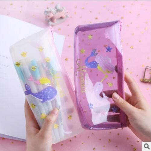 Mermaid Whale Transparency High-Capacity Pencil Bag Case Stationery Storage Organizer Bag School Office Supply