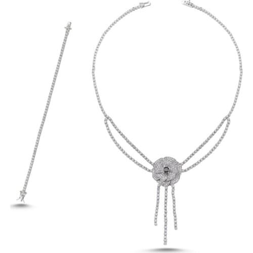 Silverlina Silver Zircon Stone Flower Set