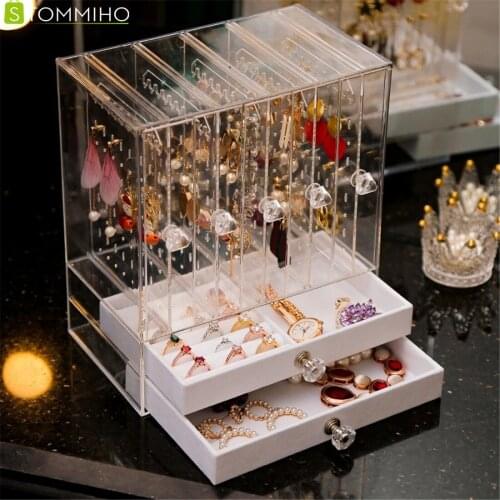 STOMMIHO Jewelry Storage Box Makeup Holder Display Storage Case Cosmetics Beauty Organizer Earrings Ring Necklace Display Rack